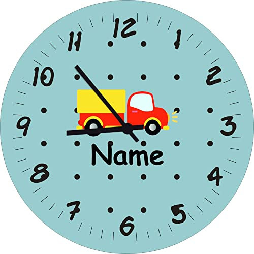 Shirtinstyle Kinderzimmeruhr mit Motiv LKW Laster mit Wunschnamen Geschenk Uhr Kinder Handmade Wanduhr Wunschtext Name, 29cm, Farbe Blaugreen