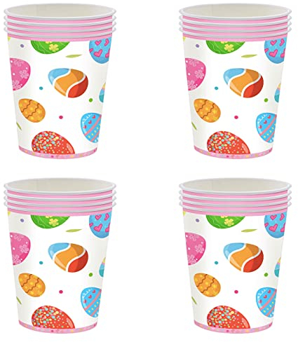 16Pcs Osternest Pappbecher,255ml Happy Easter Papier Kaffeetassen Einwegbecher Ostergeschirr mit Süßem Hasen und Bunten Eiern,Osterbecher,Pappbecher Kinder für Heiße,Kaltes Getränke,Osterpartyzubehör