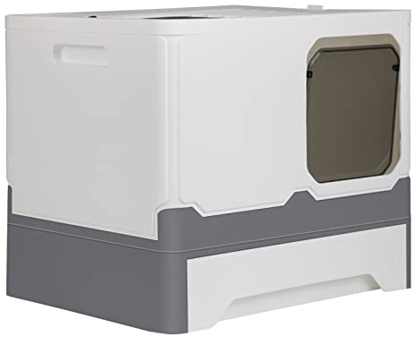 Bac à Litière pour Chat,Grande Maison de Toilette Chat Pliable avec Couvercle,Bac de Tiroir et Pelle à Litière,Portable,WC pour Chats avec Couvercle (45 * 35 * 38 PP - Gris et Blanc)