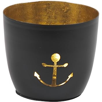 Seaside No.64 - Maritime Windlichter Baltic aus Metall mit ausgestanzten Motiven - Verschiedene Farbkombinationen für Teelichter & Stumpenkerzen in Haus und Garten (Anker - schwarz, Gold)