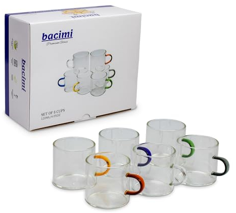 Bacimi® Clear Espresso Cups with Colorful Handles - Set of 6 / 4oz / 120ML - Borosilicate Glass Mugs for Cappuccino, Tea, Latte, & Hot Beverage - Mini Drinking Cups - Microwave Safe