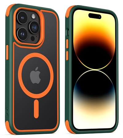 MobNano Magnetic Case For iPhone 14 Pro, [Support MagSafe Wireless Charging] Silicone Shockproof Bumper hard Transparent Outdoor Football Phone 14 Pro Cover - Green/Orange