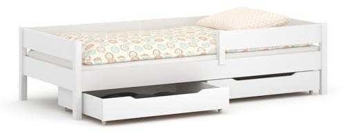 WNM Group Kinder Einzelbett Miki mit Schubladen, 4 Farben, viele verschiedenen Größen, Massivholz & Holz-Platte, 160x80, Weiß