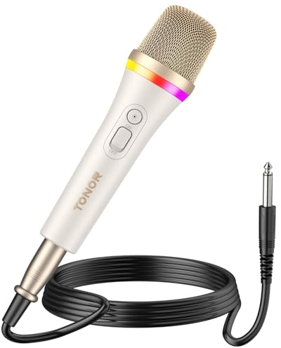 TONOR Micrófono Dinámico de Karaoke Vocal para Cantar, RGB Microfono Profesional XLR de Mano, Microphone Blanco Súper Cardioide con Cable de 5M, Adecuado para Vivo/Escenario/Estudio/Hogar/Fiesta