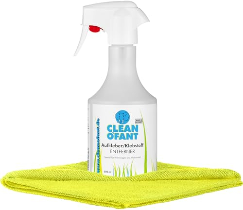 CLEANOFANT Set Aufkleber- & Klebstoff-ENTFERNER 500ml mit Mikrofasertuch - zum Entfernen von Klebstoffresten, Dichtstoffen, Silikonöl. Lösen von Aufkleber, Folie, Etikett