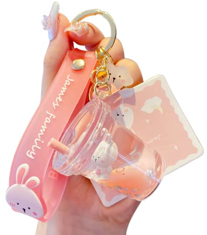 VICKYPOP Cute Bubble Tea Keychain, Floating Boba Bunny Key Ring Backpack Accessory (Bunny), 4.7 inches