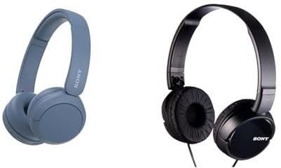 Sony WH-CH520 Wireless Bluetooth Headphones - up to 50 Hours Battery Life with Quick Charge, On-ear style - Blue & MDR-ZX110 Overhead Headphones - Black, BASIC, Pack of 1
