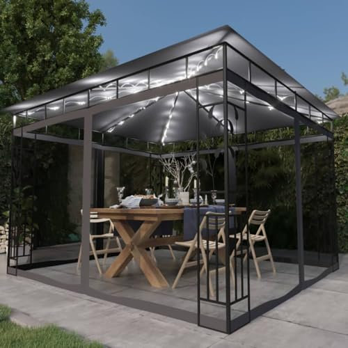 ShCuShan Gazebo con Zanzariera e Luci LED 3x3x2,73 m Antracite,Gazebo Pergola Con Telo Impermeabile Richiudibile E Struttura Rettangolare In Acciaio Inossidabile Ad Alta Densità, Per Arredo Giardino,