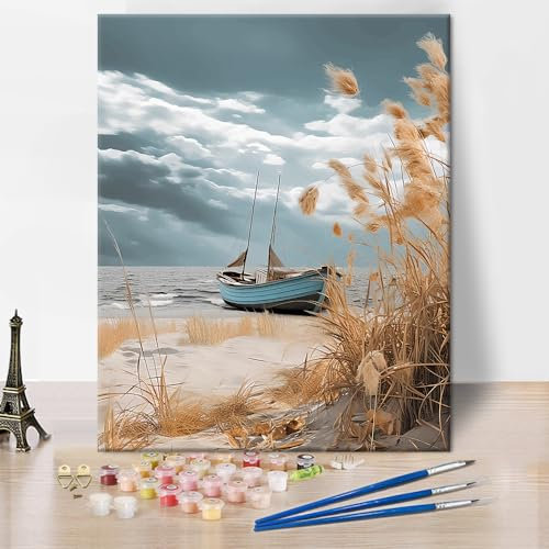 TISHIRON Bateau en Bois Peinture par Numéros pour Adultes - Plage et Bateau DIY, Beau Paysage à l'Huile, Kit Acrylique 40,6 x 50,8 cm, Sans Cadre
