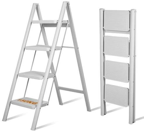 Nisorpa 4 Stufen Leiter,Klappleiter mit Verbreiterten rutschfest Stufen Multifunktionale Haushaltsleiter belastbar bis 150 kg,Trittleiter aus Stahl,Stufenleiter für Haushalt, Büro, Weiß