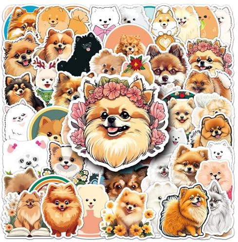50 Pcs Pomeranian Dog Stickers for Helmet,Water Bottle,Computer,Car,Phone,Scrapbook,Laptop, Skateboard,Luggage,Cute Waterproof Animal Vinyl Sticker,Children Adults Gift,Cartoon Dog Graffiti Decals
