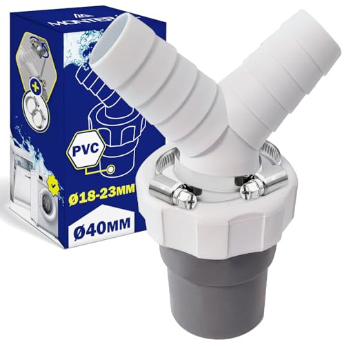 Doble Adaptador en Y para Tubo Desague Lavadora y Tubo Desague de Lavavajillas con Salida para Tubo Ø40 mm y Entrada Ø18-23 mm - Kit Incluye 2 Piezas de Abrazaderas Ø20-32 mm - MONTERAL