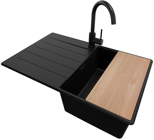 PRIMAGRAN Granitspüle Alles Schwarz 78x50cm, Spülbecken 1 Becken + Küchenarmatur 32x20cm + Zuberhor-Set, Küchenspüle ab 45er Unterschrank - Kopenhagen S149