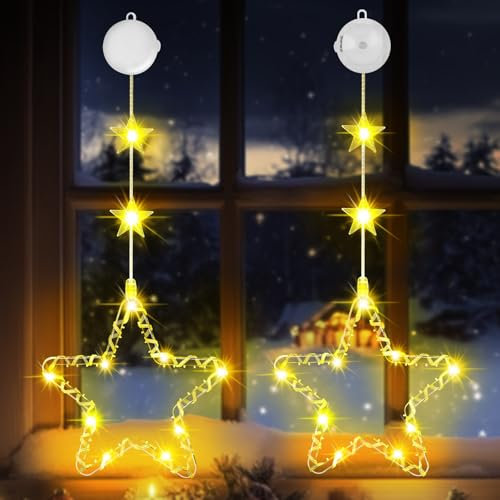 OUILA Luces de Navidad,2PCS LED Luces de Ventana con Ventosa Temporizador,3 Modos Cortina de Luces de Navidad,Decoração de Natal para Balcón Ventana Escaparate Boda Fiesta(Blanco cálido)