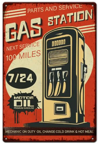 SUPERDANT Segno di Latta con Stazione Cartello in Metallo di Servizio Aperto 7/24 Targhe in Metallo Vintage Promemoria Carburante Retrò Vintage Poster con Placca Murale Artistico Garage Domestici