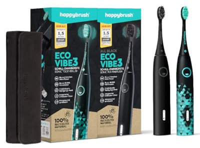 happybrush Elektrische Zahnbürste ECO VIBE 3 Doppelpack inkl. Reiseetui - Schallzahnbürste mit 6 Wochen Power-Akku, Perfekte Reisezahnbürste Schwarz/Mint