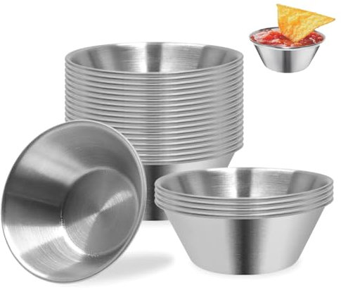 GOIYZTTR 20 Pcs 304 Stainless Steel Condiment Sauce Cups 1.5 oz Condiment Cups Small Sauce Dishes Dipping Bowls Silver Suitable for Serving Dips and Portion Cups