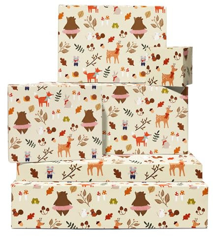 Woodland-Geschenkpapier – 6 Blatt braunes Geschenkpapier – Bär, Hirsch, Kaninchen, Fuchs, Eichhörnchen, Frosch – Herbst – für Männer und Frauen – mit Aufklebern – von Central 23