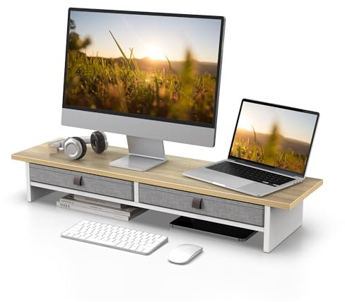 Fenge Dual Support de Monitores, Elevador de Pantalla de Ordenador Con 2 Tirantes de Tela, Para 2 Monitores, PC, TV, Ordenador, Impresora,90 x 23,5 x 14,2 cm, Carga de 25KG (Roble)