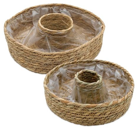 Seegras Pflanzring Natur 2er Set mit Folie - 34/27 cm - Naturfaser Blumenschale zum direkten Bepflanzen - Deko Blumentopf Pflanzenschale Blumen Korb Pflanzen Schale Kräuter Topf