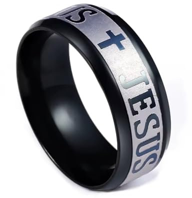 BlackAmazement 316L Edelstahl Ring Jesus und Kreuz Stufenkante Comfort Fit silber rose gold schwarz Herren Damen (Schwarz/Silber, 71 (22,6))