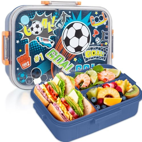 PinkSheep Bento Lunch Boxen für Kinder, 1200ml BPA-freie leckagesichere Kinder Lebensmittelbehälter mit 3 Fächern zurück zu Schulschülern Junge Mädchen (Fußball)
