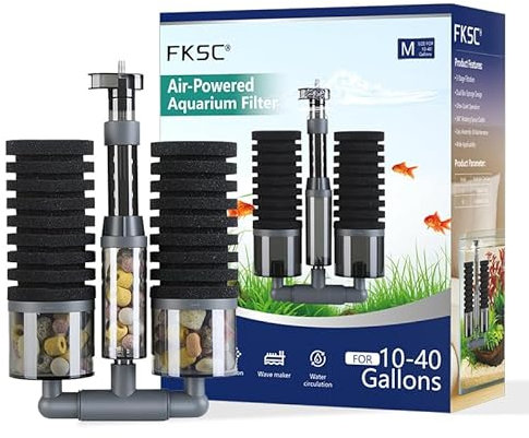 FKSC Aquarium Filter, Air-Powered Dual Sponge Fish Tank Filter with Ultra-Quiet Multi-Stage Filtration, 360° Adjustable Water Outlet & Air Stone Dissolved Oxygen - Suitable for 38-152 L Tanks