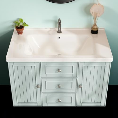Cayipng Tocador de Baño con Lavabo, Mueble Separado para Lavabo con 3 Cajones, Mucho Espacio de Almacenaje, Estructura de Madera Maciza, Blanco y Dorado, 120×47.5×80cm (Green + Hang)