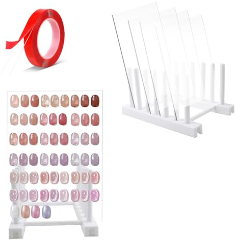 Nail Art Display Stand, 4 Transparent Acrylic Plates with Plastic Base, Nail Art Display Board Nail Display Display with Nano Adhesive, for Nail Art Design Display Manicure Tool, 20 x 15 cm