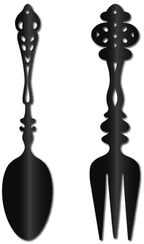 CREATCABIN 2 pièce Fourchette Cuillère Décoration Murale en Métal Grande Vaisselle en Fer Noir Couverts Panneau de Cuisine Sculpture Suspendue Rustique pour la Maison la Salle à Manger 35x7.5cm
