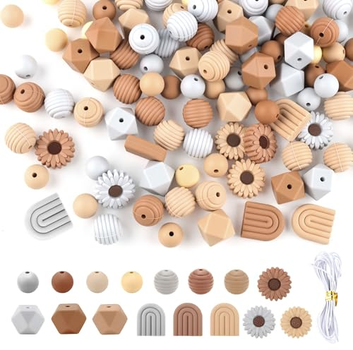 132 Stück Blumenförmige Silikonperlen Set, Gänseblümchen Silikonperlen mit Löchern, Bunte Bastelperlen mit Elastische Kordel, DIY Bastelperlen Bulk für Armbänder, Stifte, Schlüsselanhänger