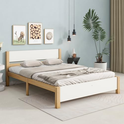 Merax Kinderbett 140x200cm Doppelbett, Holzbett mit Kopf- und Fußteil, Stabile Lattenrost, Kiefernholzrahmen mit Mittelfuß, Stauraum unter dem Bett, Schlichter Stil, Jugendbett Bettgestell, Weiß&Natur