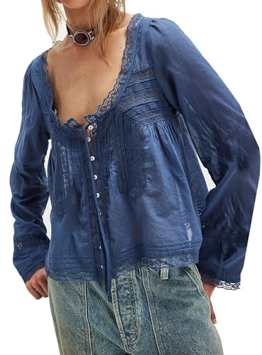Yoisdtxc Women Boho Tops Lace Tie Up Front Sheer Blouses Spring Fall Casual Tops (A-Blue, M)