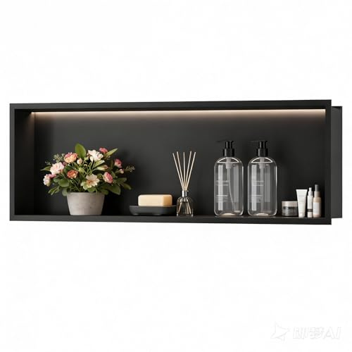 sunrik LED Wandnische Dusche, Duschnische Beleuchtung 90×30cm, Schwarz | Duschnische aus Edelstahl für Badezimmerbeleuchtung, Ablagen für wasserdichte Aufbewahrung,Keine Fliesen erforderlich