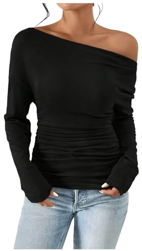 Foweknow Pullover Damen Off Shoulder Langarmshirt Damen Elegant Schulterfrei Tshirt Einfarbige Casual Slim Fit T-Shirts Basic Oberteile Modische Bluse Klassische Tops Für Frauen