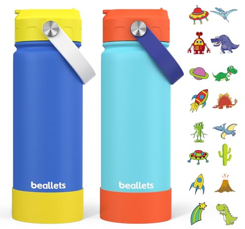 Beallets 2-Pack Kids Water Bottle, 18oz Toddler Insulated Bottles with Stickers, 18/8 Stainless Steel Leak-Proof Kids Straw Cup for School, Gifts for Boy(OrangeBlue + YellowBlue)