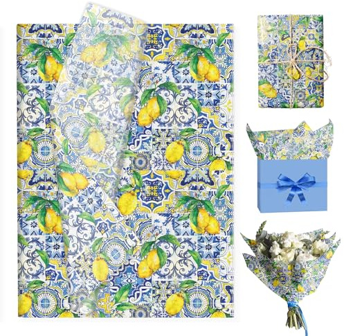 50 Blatt Zitrone Seidenpapier Verpackungsmaterial,Seidenpapier mit Zitronen und Porzellanmuster Geschenkpapier Packseide DIY Bastelpapier für Geburtstag Party Hochzeit (50×35CM)
