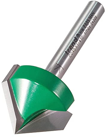 Trend CraftPro C045X1/4TC Fraise à chanfreiner avec tige de 6,35 mm, diamètre de coupe de 25,4 mm et rainure en V de 45 degrés, pointe en carbure de tungstène