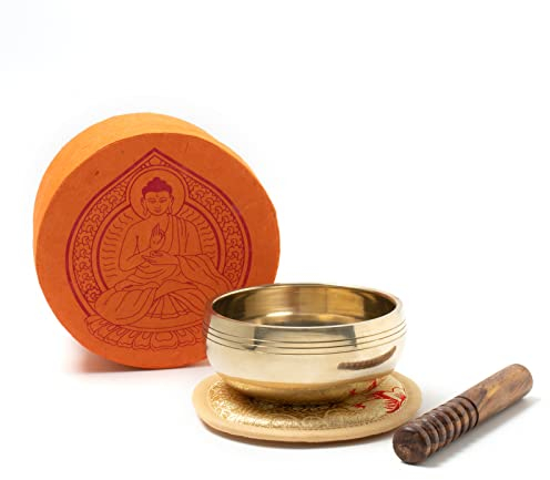 Geschenk-Box mit feiner, gegossener Klangschale für Meditation & Achtsamkeit I ca. 170 g I handgefertigt I Box mit Buddha-Aufdruck aus nachhaltigem Naturpapier I Fair Trade aus Nepal orange