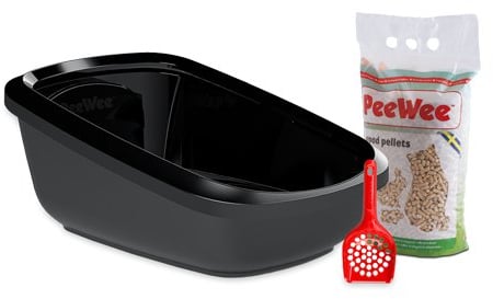 PeeWee Katzentoilette EcoGranda Katzenklo Schale offen Katzen WC inkl. 3kg Streu, Farbe:Schwarz