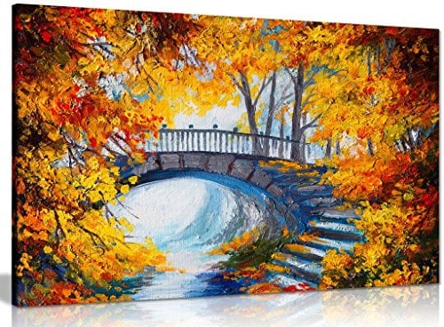 Abstract Oil Painting Autumn Forest Bridge Canvas Wall Art Picture Print (36x24in)