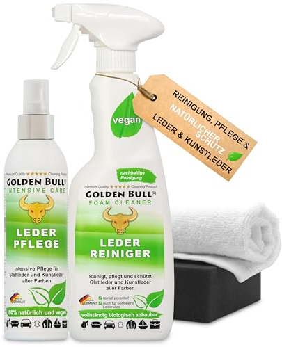 Golden Bull® Lederreiniger & Lederpflege Auto Sofa Set intensiv [STARK UND VEGAN] Leder Reiniger Schaum Spray 500ml, Pflegemittel 250ml, Schwamm, Tuch für Reinigung & Pflege von Ledersitz & Ledercouch