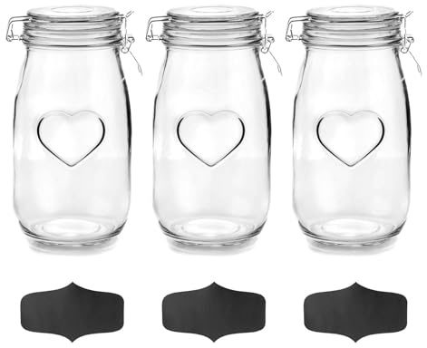 Nicola Spring Heart Shaped Glass Storage Jar with Airtight Clip Lid & Chalkboard Labels - 1500ml - 3 Pack - 4 Colour Seals - Vintage Preserving Container for Pickling, Chutney, Jam, Coffee, Oats