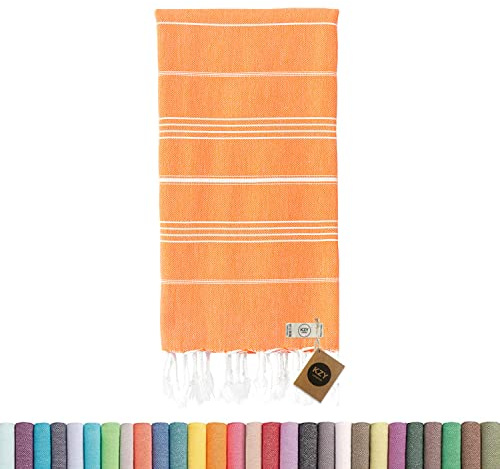 KZY LONDON Großes Türkisches Pestemal Strandtuch Das Traditionéll Hamamtuch Badetuch Saunatuch Duschtuch Spa Sport Yoga Reisen 100% Baumwolle XXL Vorgewaschen 100 x 180 cm (Orange)