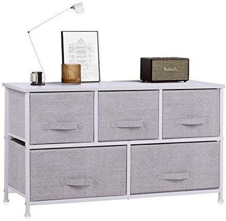 Chest of Drawers, 5 Fabric Drawers Storage Unit with Wooden Top and Metal Frame, Cloth Storage Organizer for Bedroom Living Room Closet Hallway, Grey