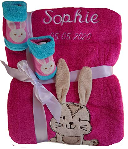 Wuff-Dogsworld Babydecke mit Namen Bestickt Babysocken Baby Geschenk Geburt Taufe (pink Hase)