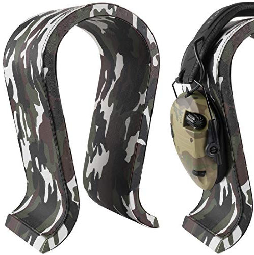 GEEKRIA Vegan Leather Wooden Omega Headphone Stand for Over-Ear Headphones, Gaming Headset Stand, Desk Display Hanger Compatible with Sordin, Walker's, HyperX, SteelSeries (Camo)