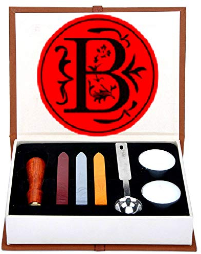 Buchstaben-Wachs-Siegel-Stempel-Set, ANBOSE Alphabet Wachs-Siegel-Stempel-Kit einschließlich 1Pcs Holzgriff Kupfer-Siegel, 3Pcs Wachs-Siegel-Sticks, 1Pcs Schmelzlöffel und 2Pcs weiße Kerzen(B)