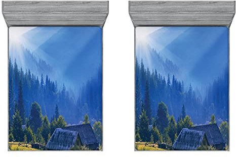 ABAKUHAUS Rustikal 2er-Satz Spannbetttuch, Mountain Village Ukraine, Soft Dekorativer Stoff Bettwäsche Rund-um Elastischer Gummizug, 135 cm x 190 cm, Grün blau