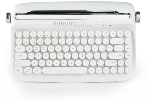 YUNZII ACTTO B303 Wireless Typewriter Keyboard, Bluetooth Retro Keyboard, Aesthetic Typewriter Style Keyboard with Integrated Stand for Multi-Device (English, Snow White)